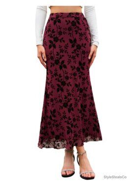 Women's Floral Mesh Maxi Skirt High Waisted Mermaid Hem Stretch Flocked